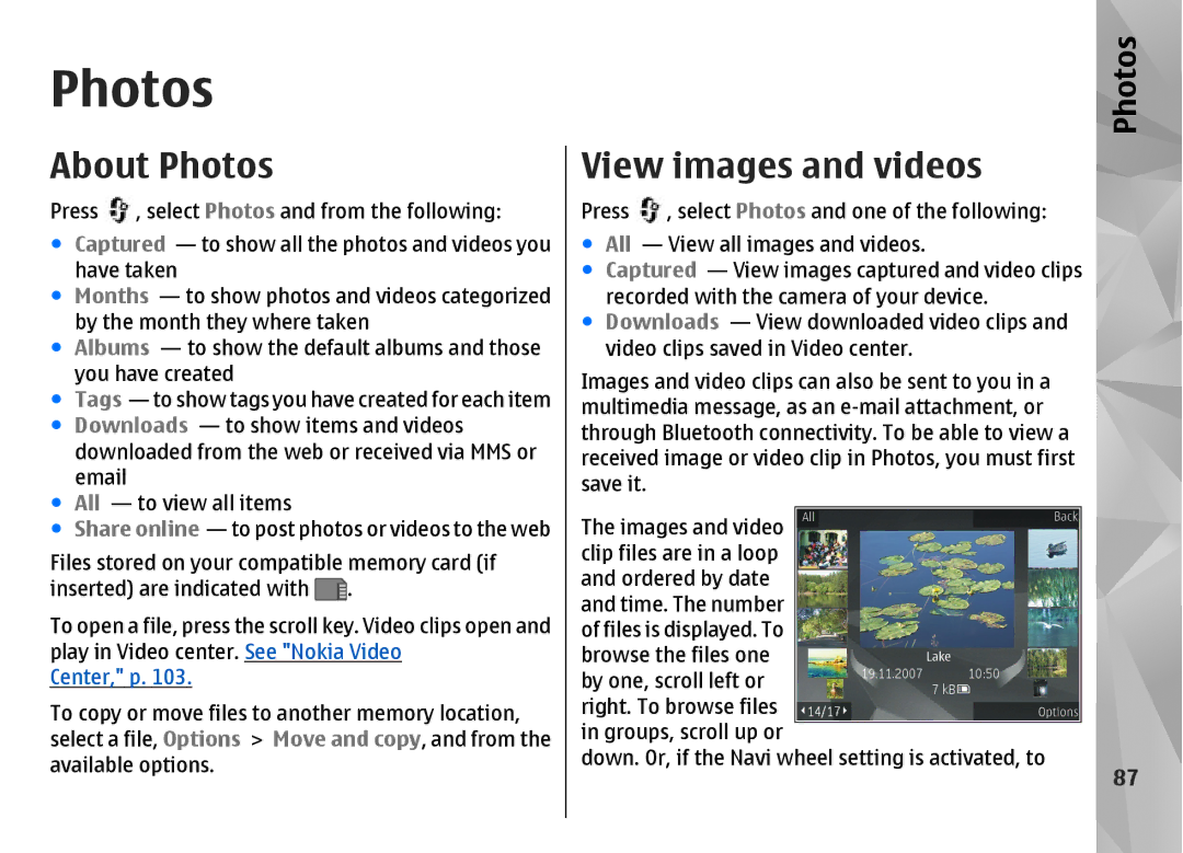 Nokia N85 manual About Photos, View images and videos 