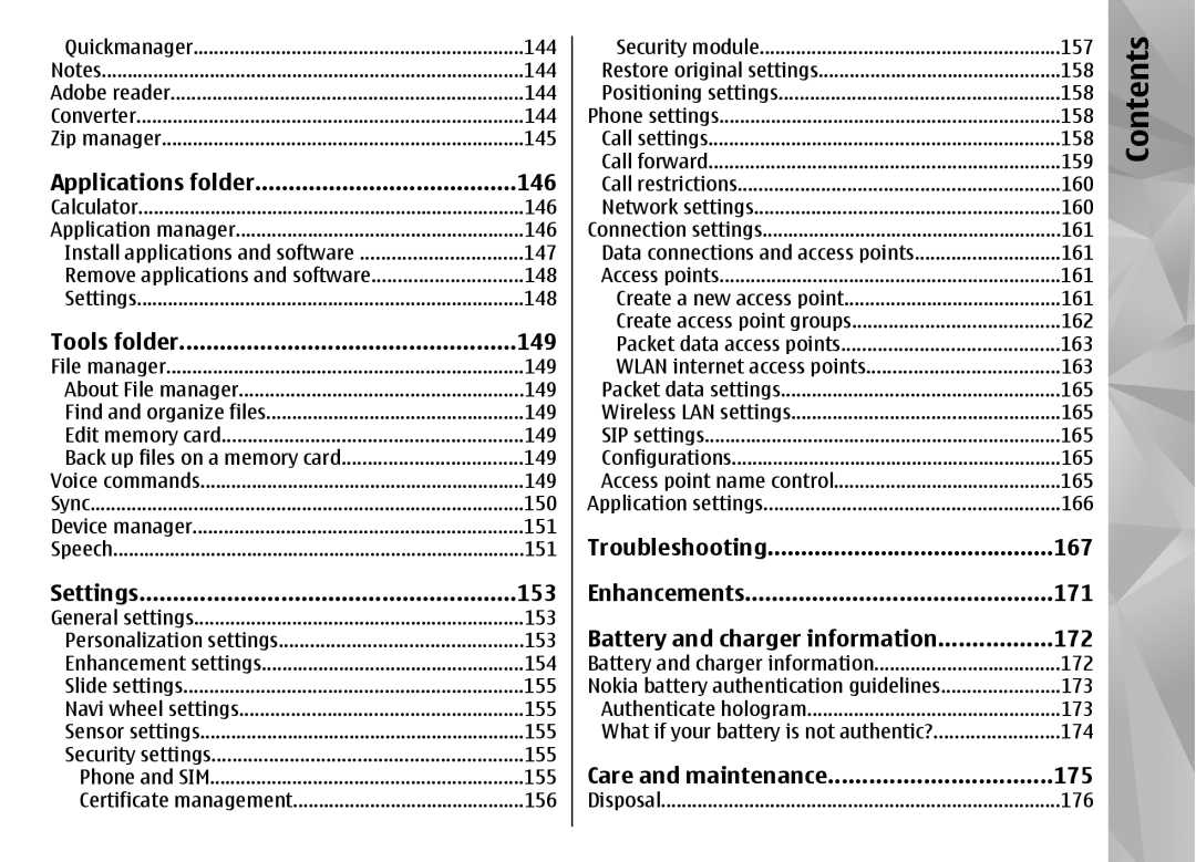 Nokia N85 manual Applications folder 146, Tools folder 149, Settings 153, Care and maintenance 175 