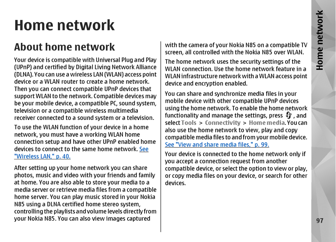 Nokia N85 manual Home network, About home network 