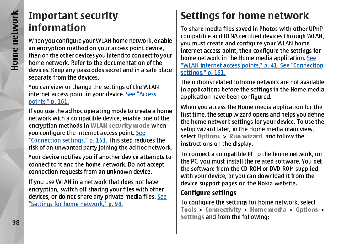 Nokia N85 manual Important security information, Settings for home network, Configure settings 