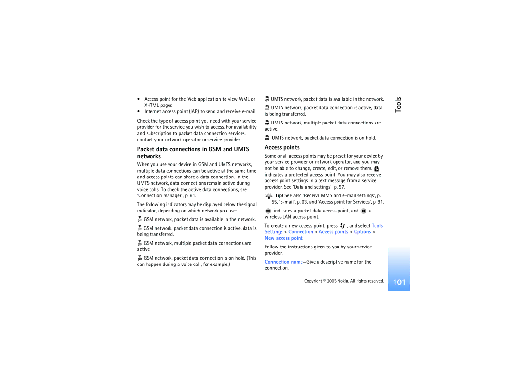 Nokia N91 manual Packet data connections in GSM and Umts networks, Access points 