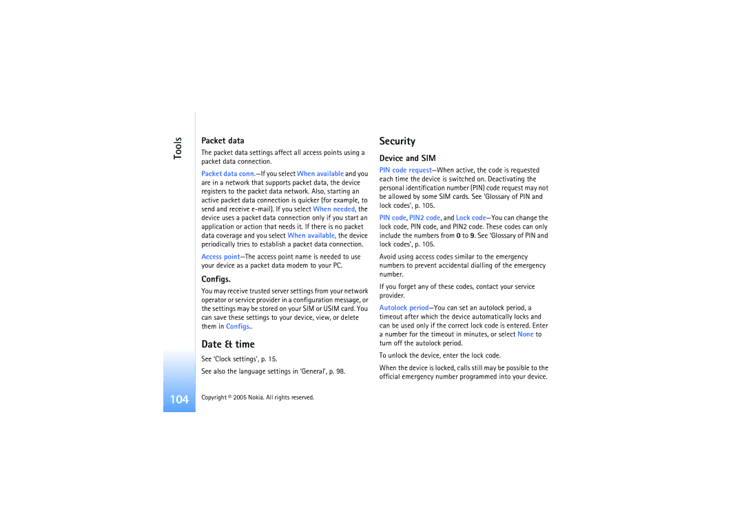 Nokia N91 manual Date & time, Security, Packet data, Configs, Device and SIM 