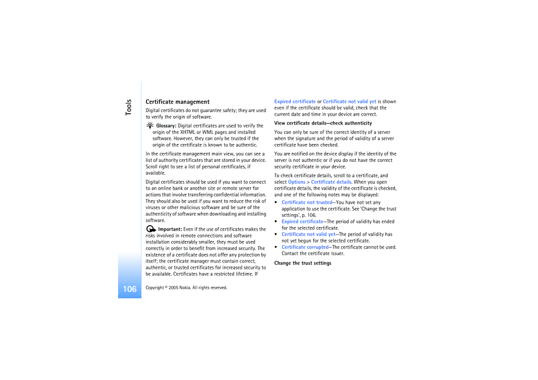 Nokia N91 manual Certificate management, View certificate details-check authenticity, Change the trust settings 