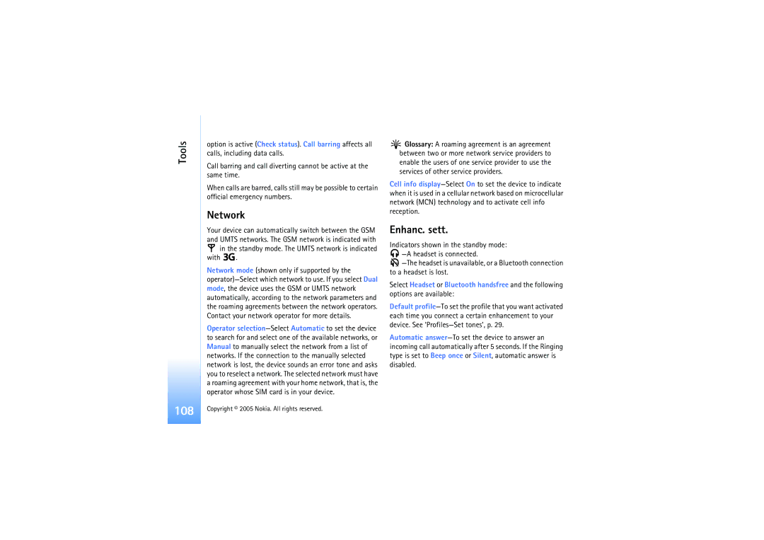 Nokia N91 manual Network, Enhanc. sett, With 