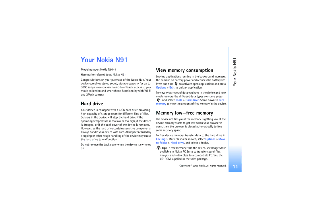 Nokia manual Your Nokia N91, Hard drive, View memory consumption, Memory low-free memory 