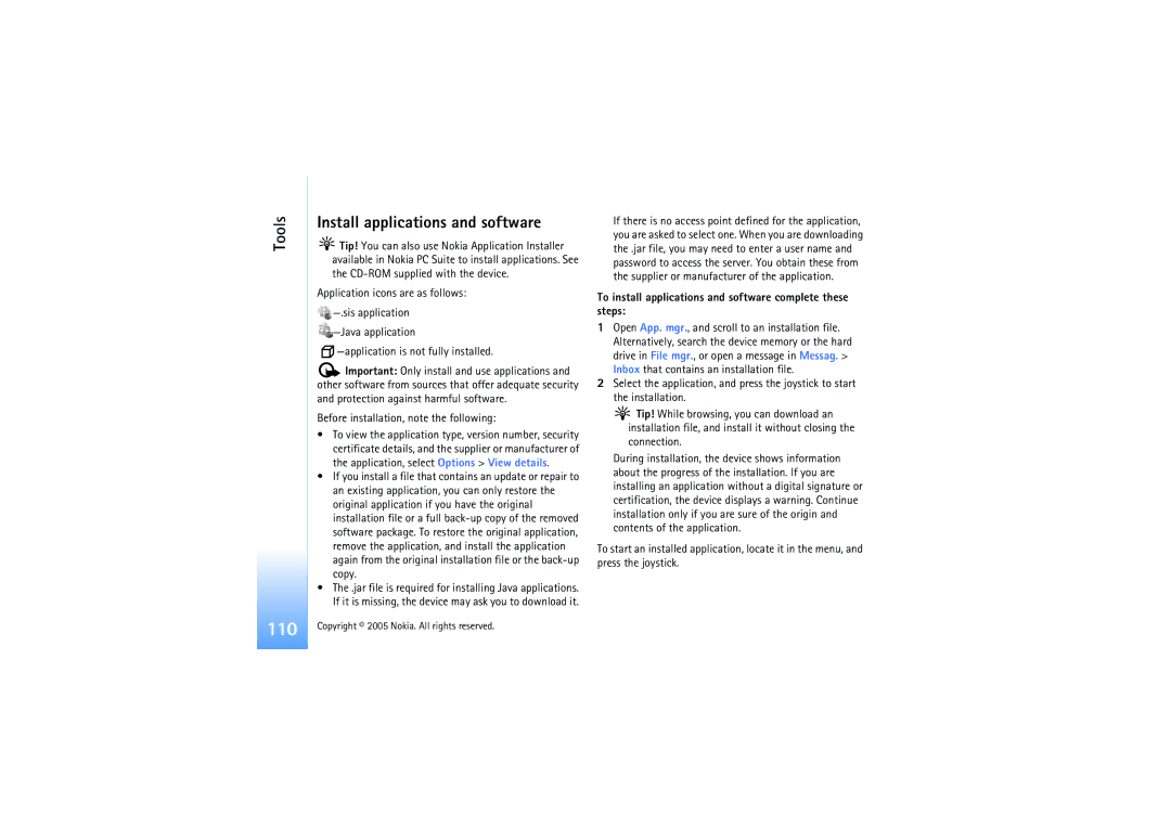 Nokia N91 manual Tools Install applications and software, Before installation, note the following 