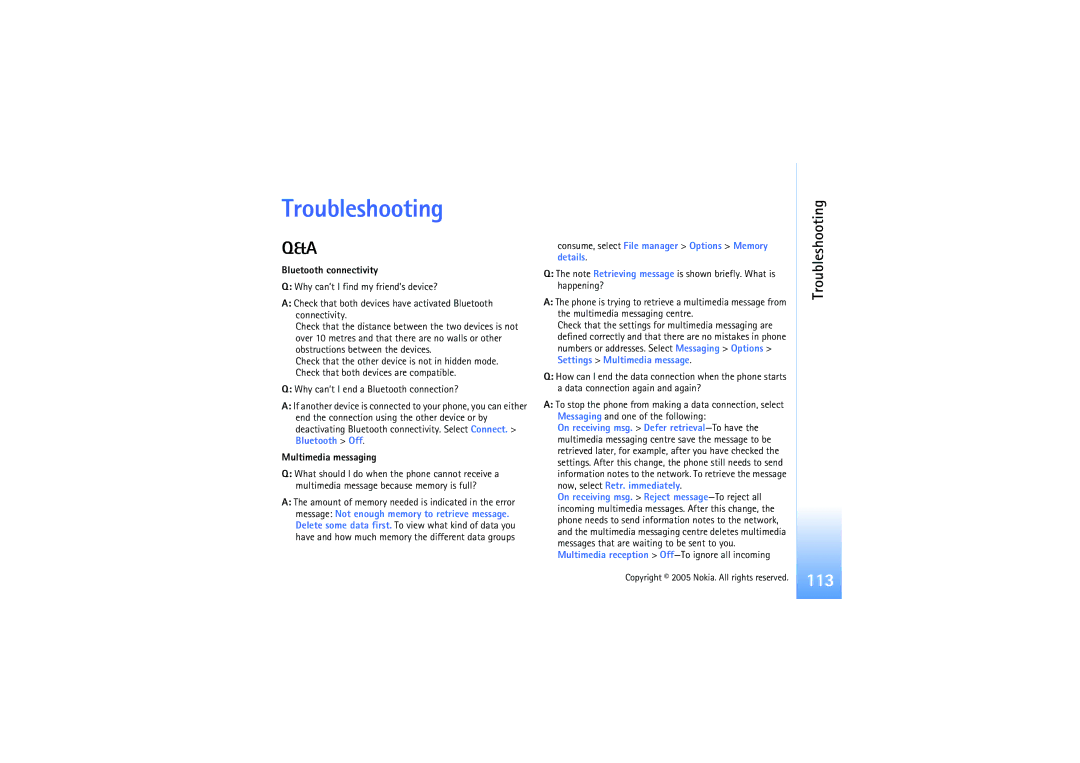 Nokia N91 manual Troubleshooting, Bluetooth connectivity, Multimedia messaging 