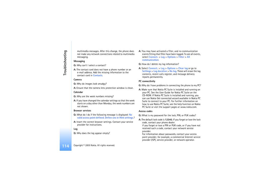 Nokia N91 manual Messaging, Camera, Calendar, Browser services, Log, PC connectivity, Access codes 
