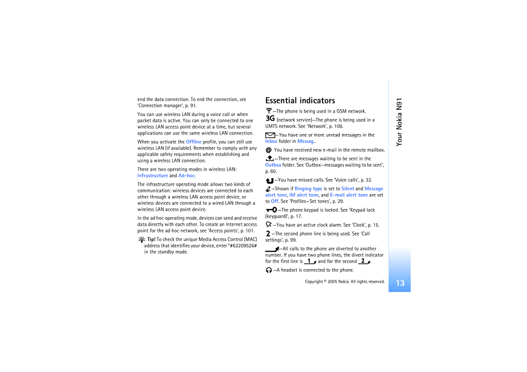 Nokia N91 manual Essential indicators 