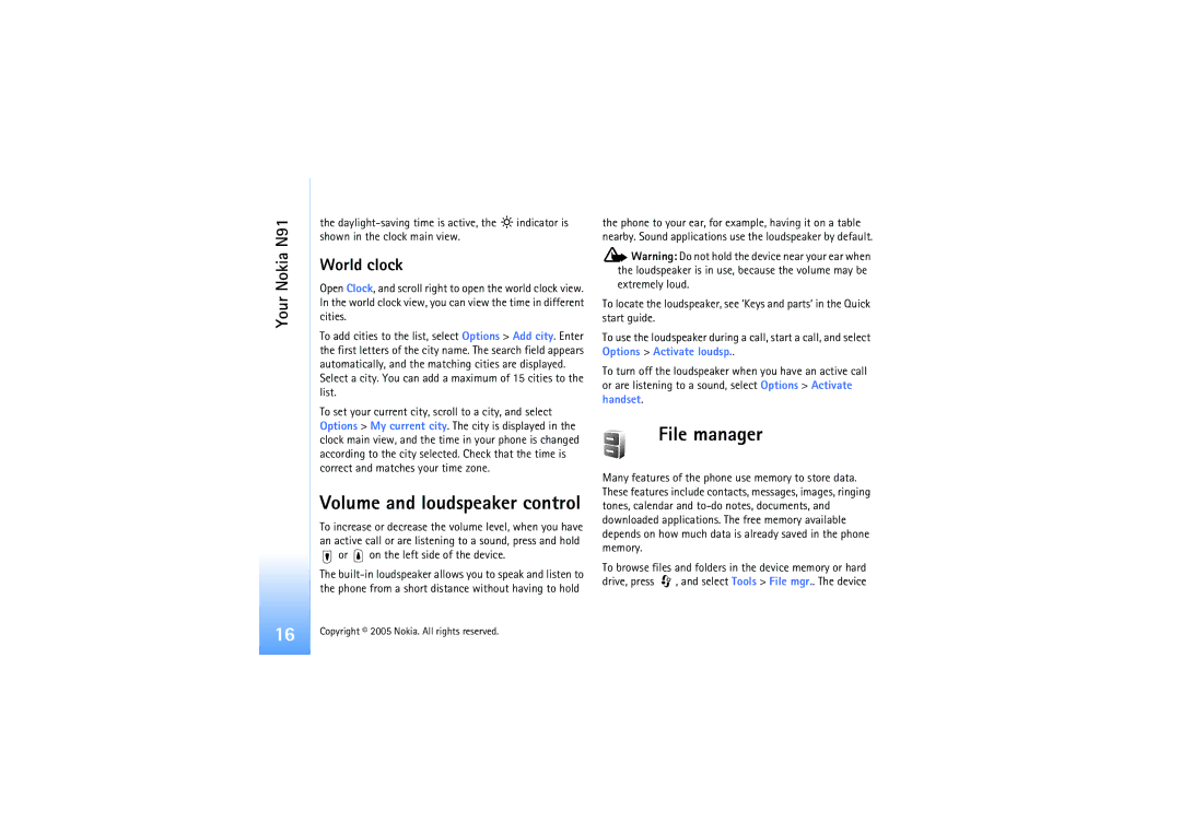 Nokia N91 manual File manager, World clock 