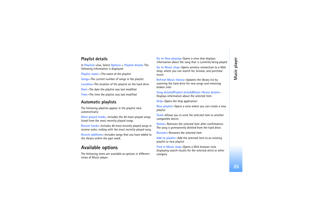 Nokia N91 manual Available options, Playlist details, Automatic playlists 