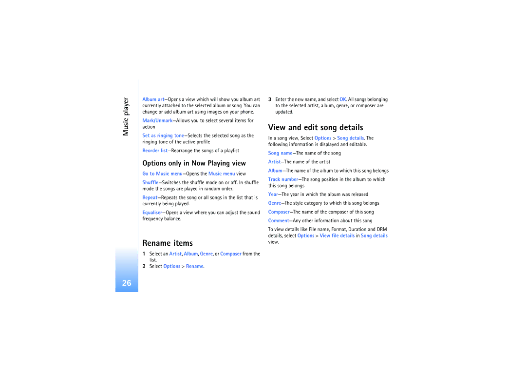 Nokia N91 manual Rename items, View and edit song details, Options only in Now Playing view, Select Options Rename 