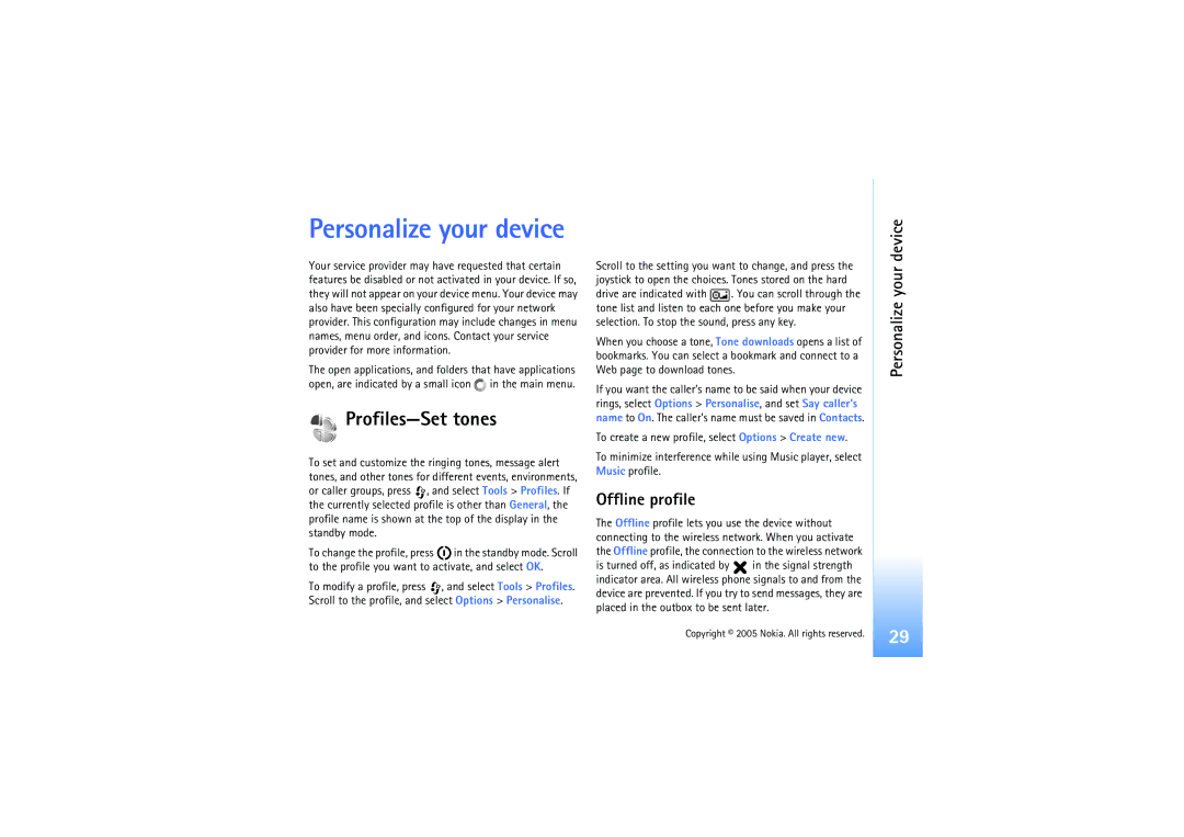 Nokia N91 manual Profiles-Set tones, Offline profile, Personalize your device 