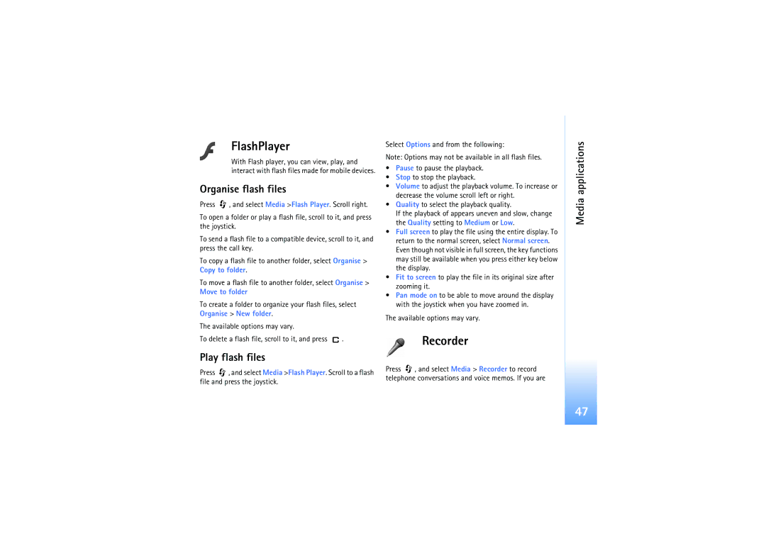Nokia N91 manual FlashPlayer, Recorder, Organise flash files, Play flash files, Move to folder 