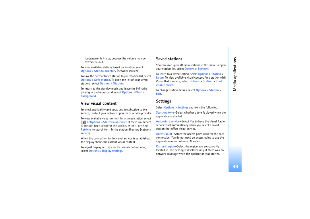 Nokia N91 manual View visual content, Saved stations, Settings 