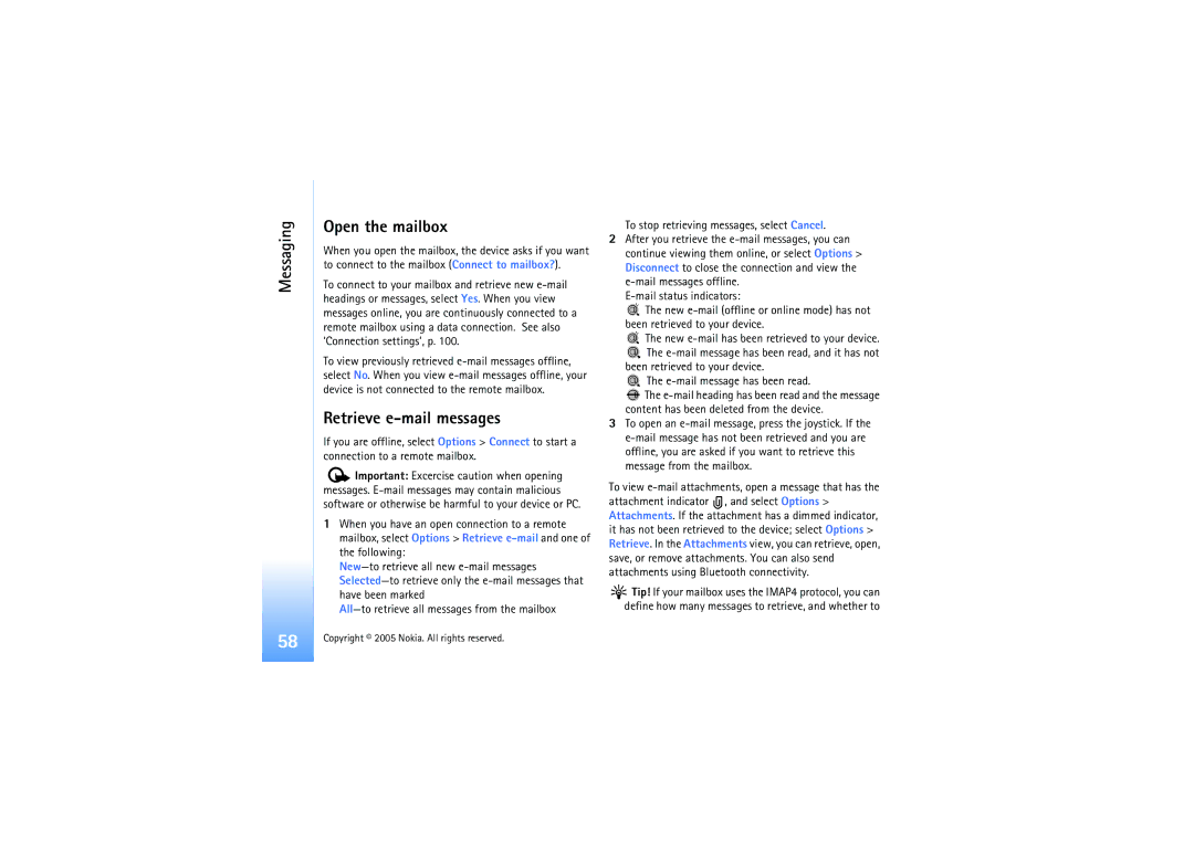 Nokia N91 manual Messaging Open the mailbox, Retrieve e-mail messages 
