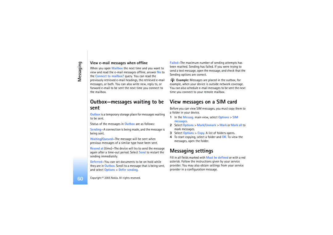 Nokia N91 manual Outbox-messages waiting to be sent, View messages on a SIM card, Messaging settings 