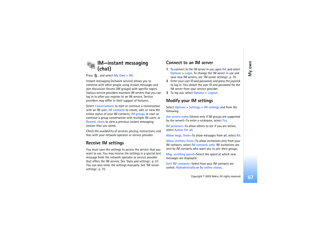 Nokia N91 manual IM-instant messaging chat, Receive IM settings, Connect to an IM server, Modify your IM settings 