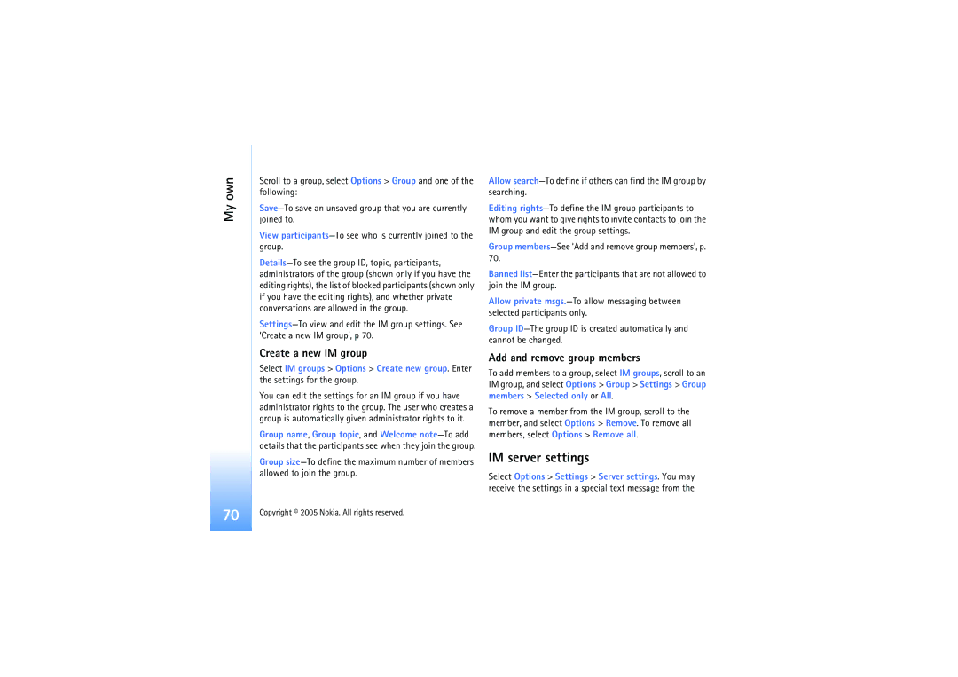 Nokia N91 manual IM server settings, Create a new IM group, Add and remove group members 