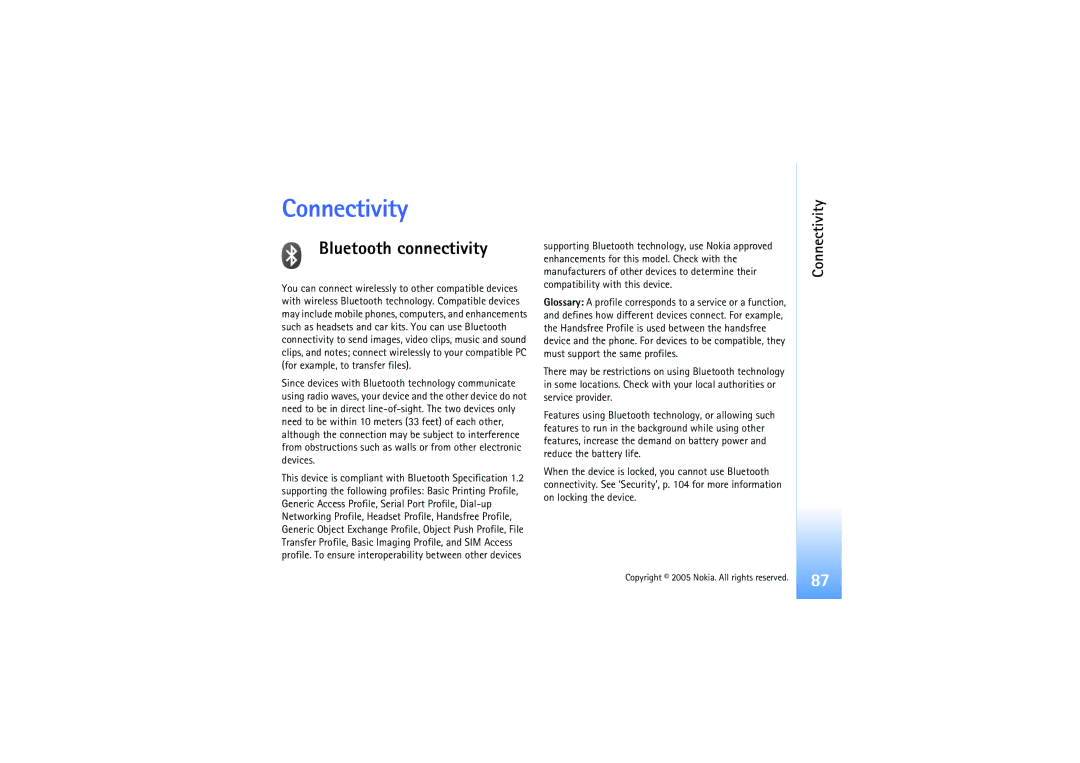 Nokia N91 manual Connectivity, Bluetooth connectivity 