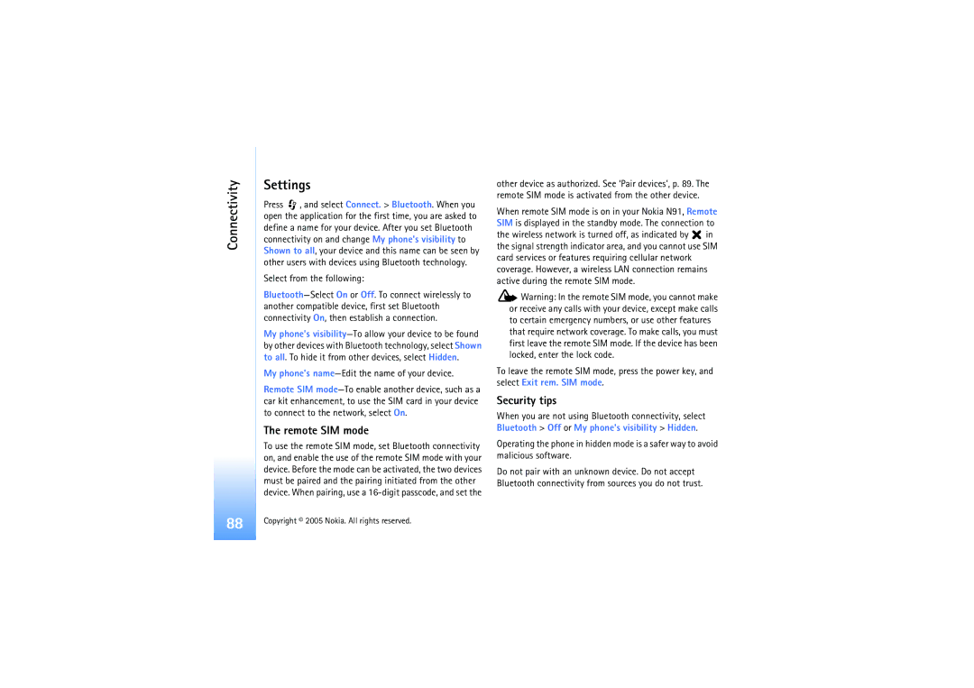 Nokia N91 manual Connectivity Settings, Remote SIM mode, Security tips, Select from the following 