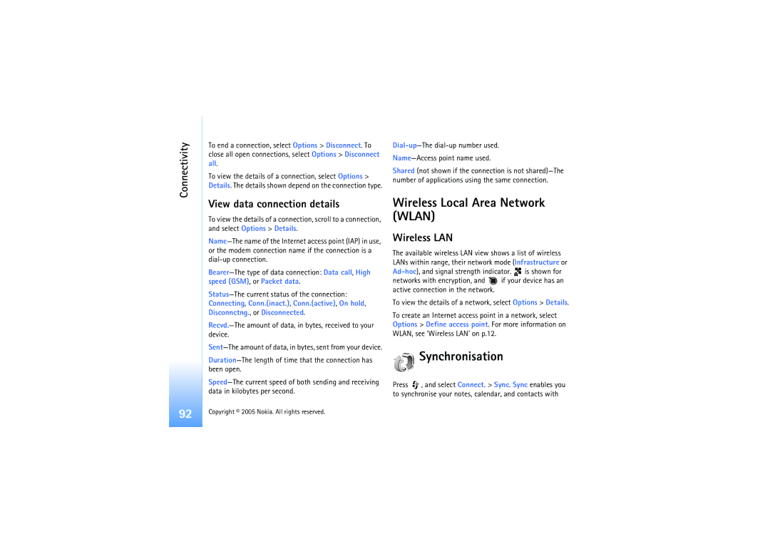 Nokia N91 manual Wireless Local Area Network Wlan, Synchronisation, View data connection details, Wireless LAN 
