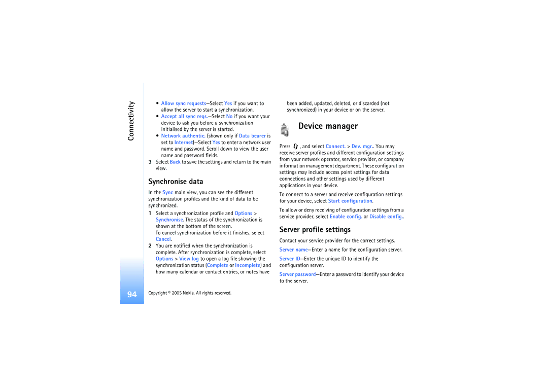 Nokia N91 manual Device manager, Synchronise data, Server profile settings 