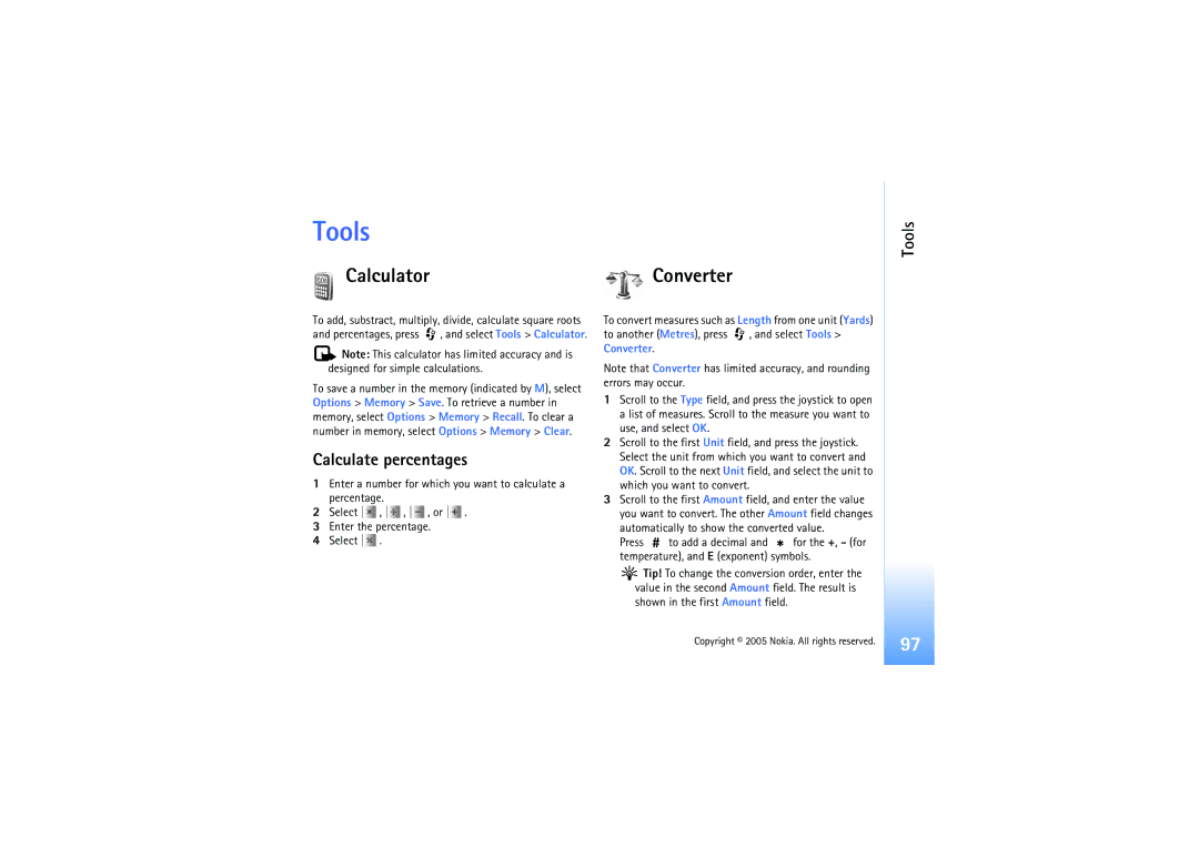 Nokia N91 manual Tools, Calculator, Calculate percentages 