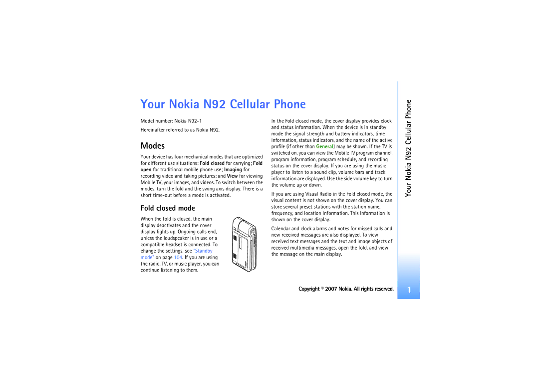 Nokia manual Your Nokia N92 Cellular Phone, Modes, Fold closed mode 