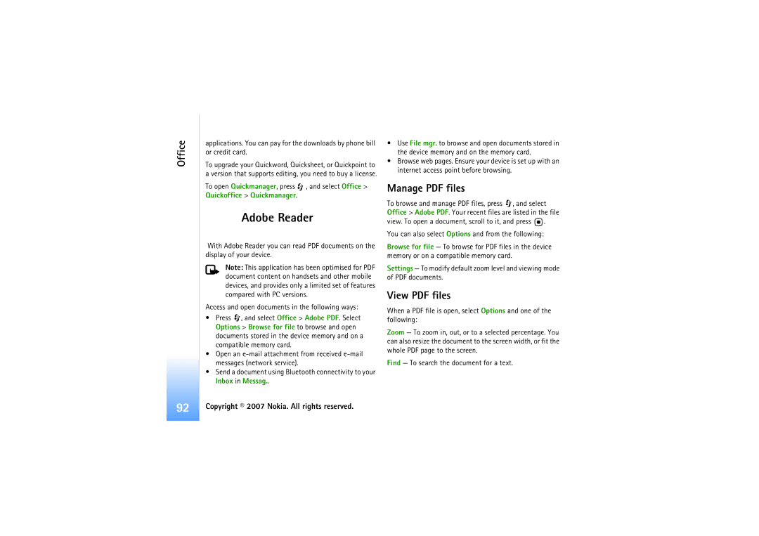 Nokia N92 manual Adobe Reader, Quickoffice Quickmanager 