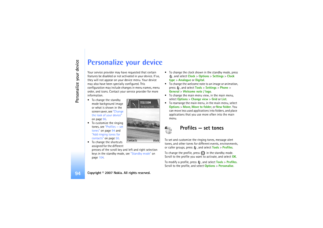 Nokia N92 manual Personalize your device, Profiles set tones, Device 
