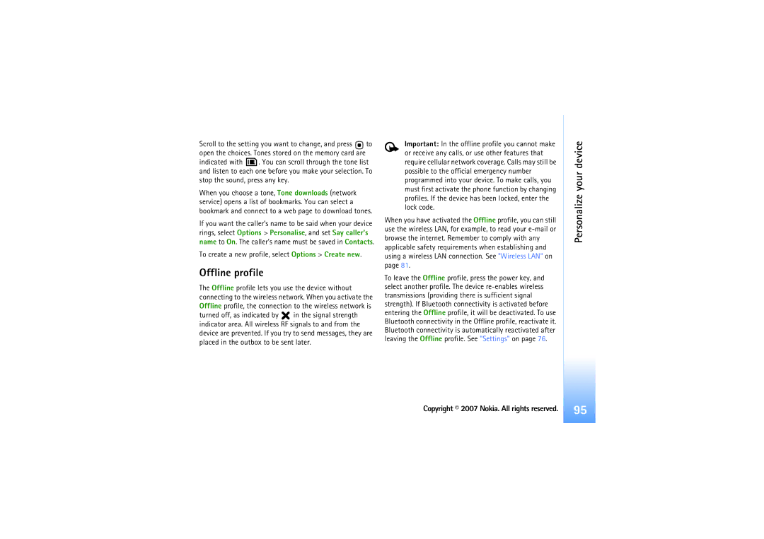 Nokia N92 manual Offline profile, Personalize your device 