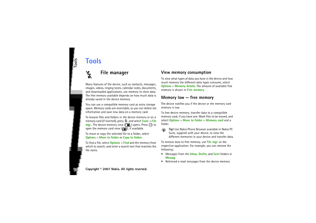 Nokia N92 manual Tools, File manager, View memory consumption, Memory low free memory 