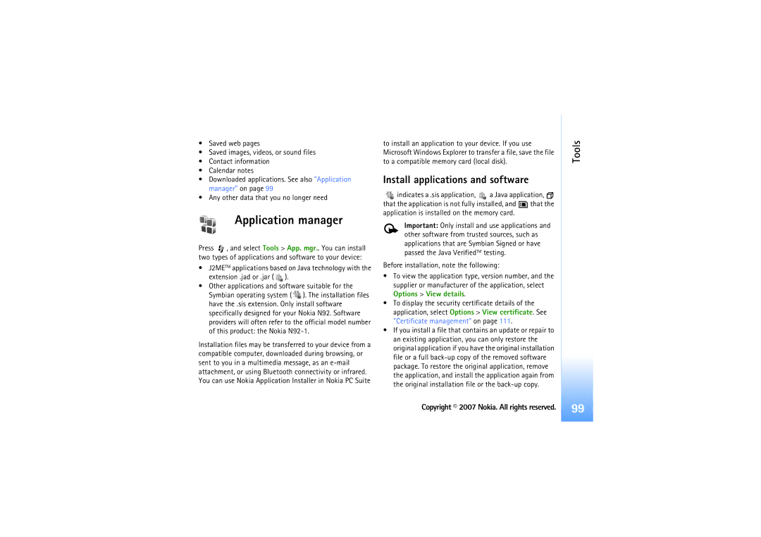Nokia N92 manual Application manager, Install applications and software 