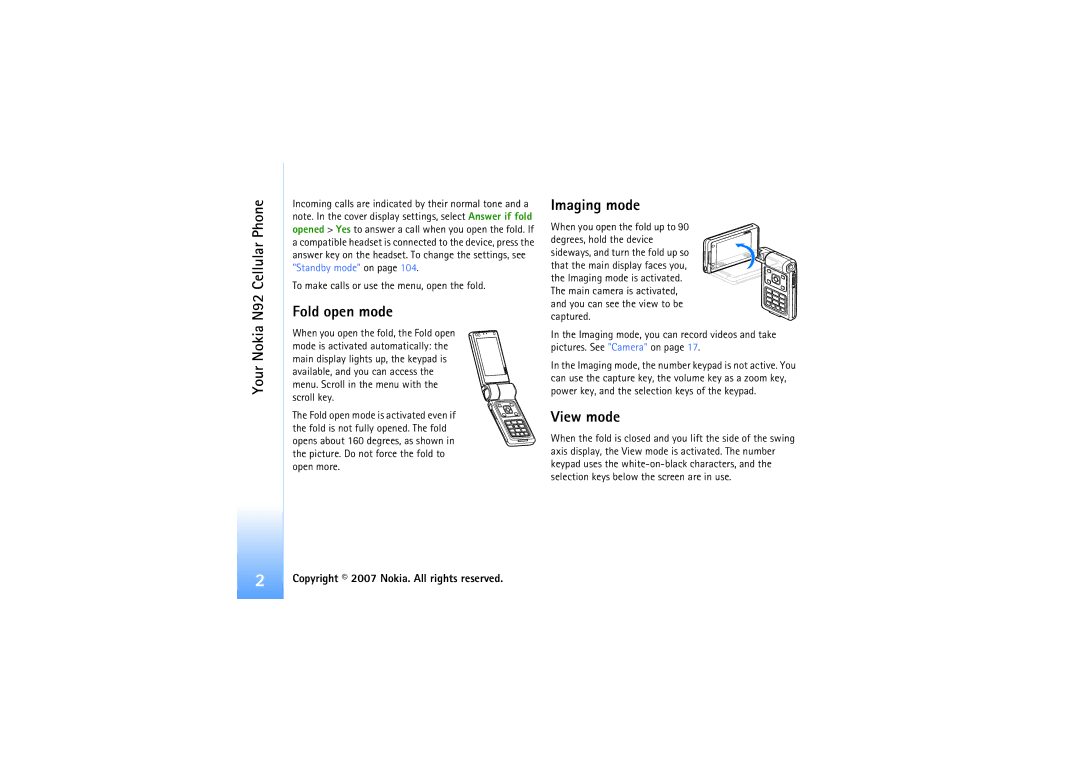 Nokia manual Your Nokia N92 Cellular Phone, Fold open mode, Imaging mode, View mode 