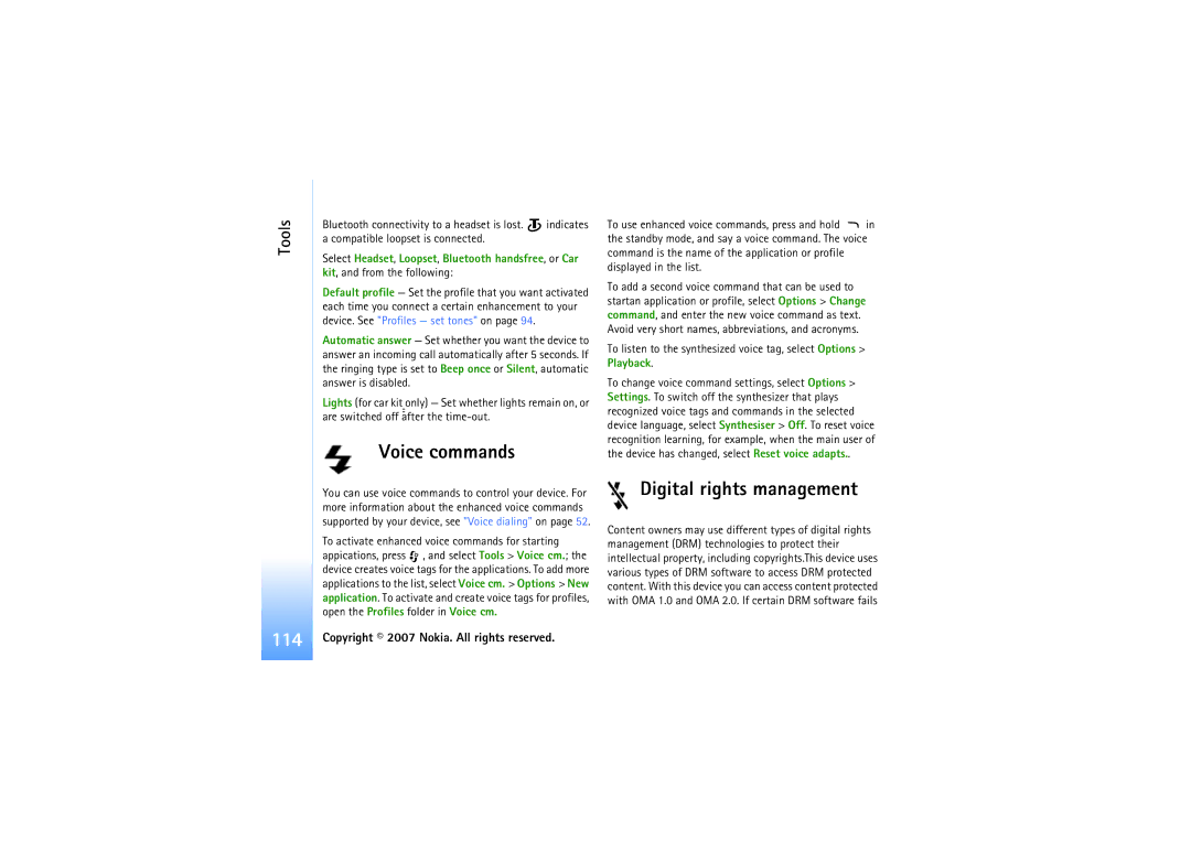 Nokia N92 manual Voice commands, Digital rights management 