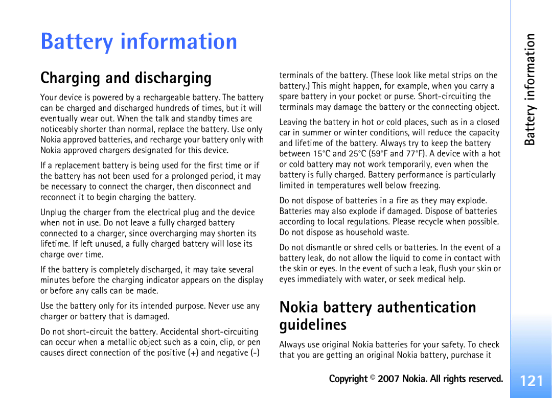 Nokia N92 manual Battery information, Charging and discharging 