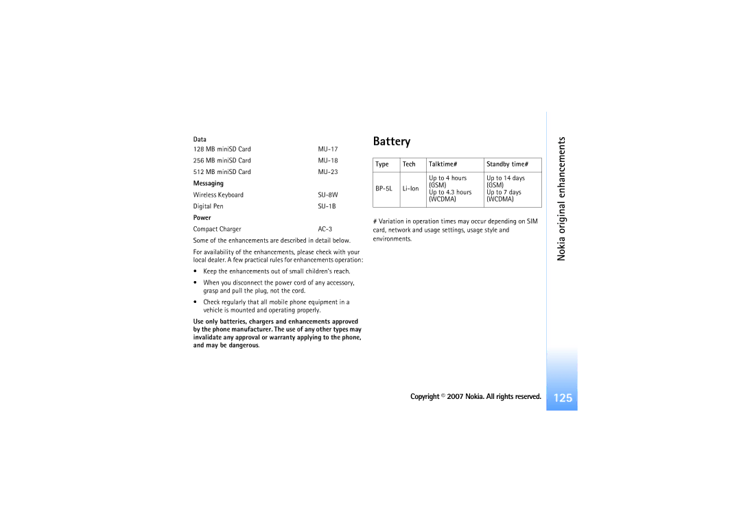 Nokia N92 manual Battery, Nokia original enhancements, Data, Power, Type Tech Talktime# Standby time# 