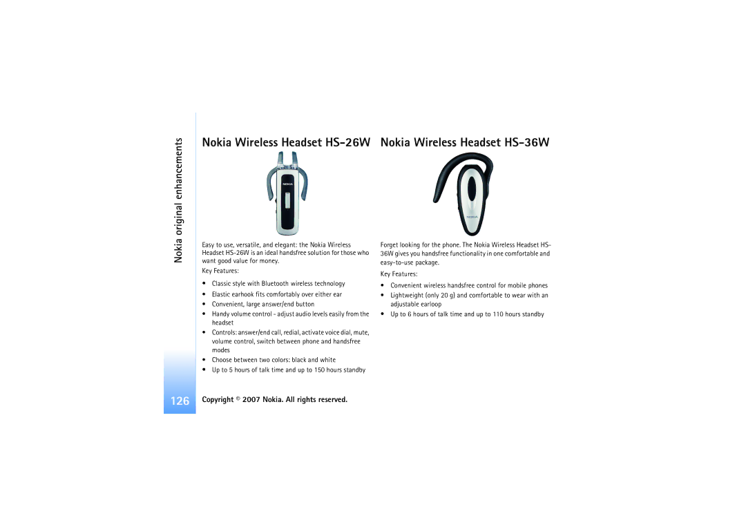 Nokia N92 manual Nokia Wireless Headset HS-26W Nokia Wireless Headset HS-36W, Original enhancements 