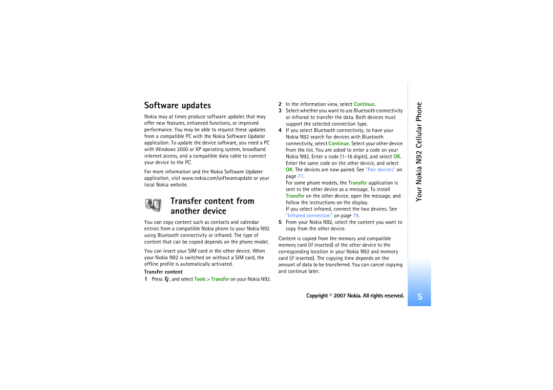 Nokia N92 manual Software updates, Transfer content, Information view, select Continue 