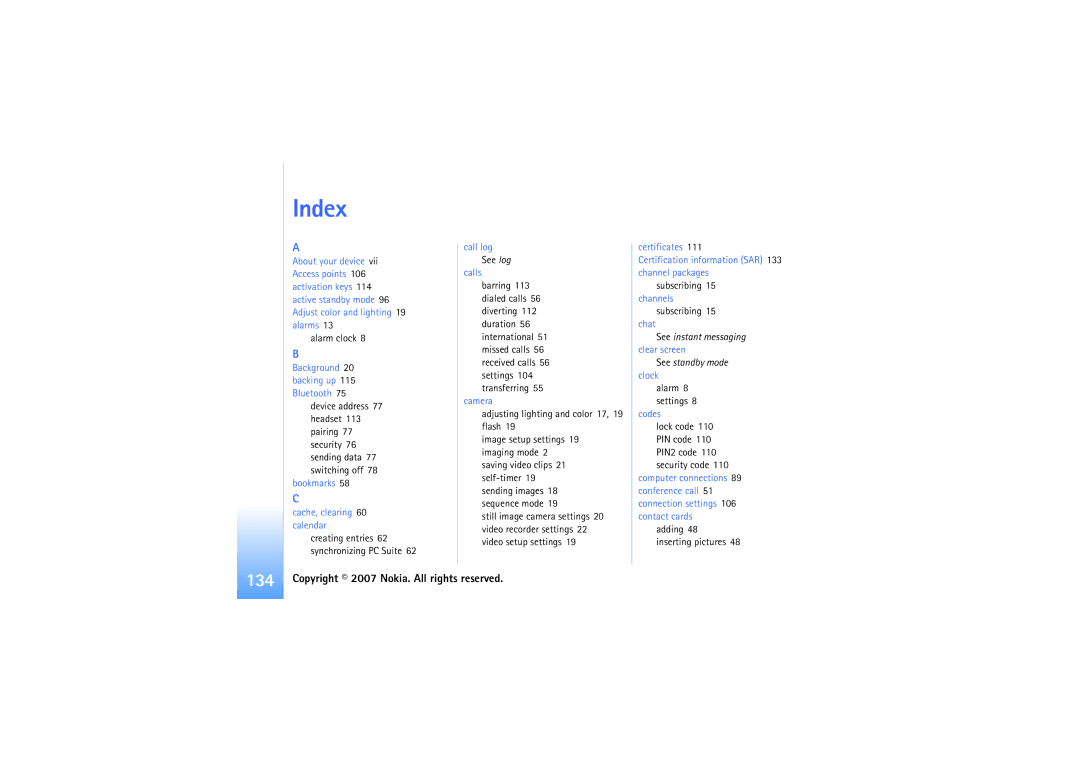 Nokia N92 manual Index, Alarm clock, Subscribing 15 channels, Alarm 8 settings, Adding Inserting pictures 