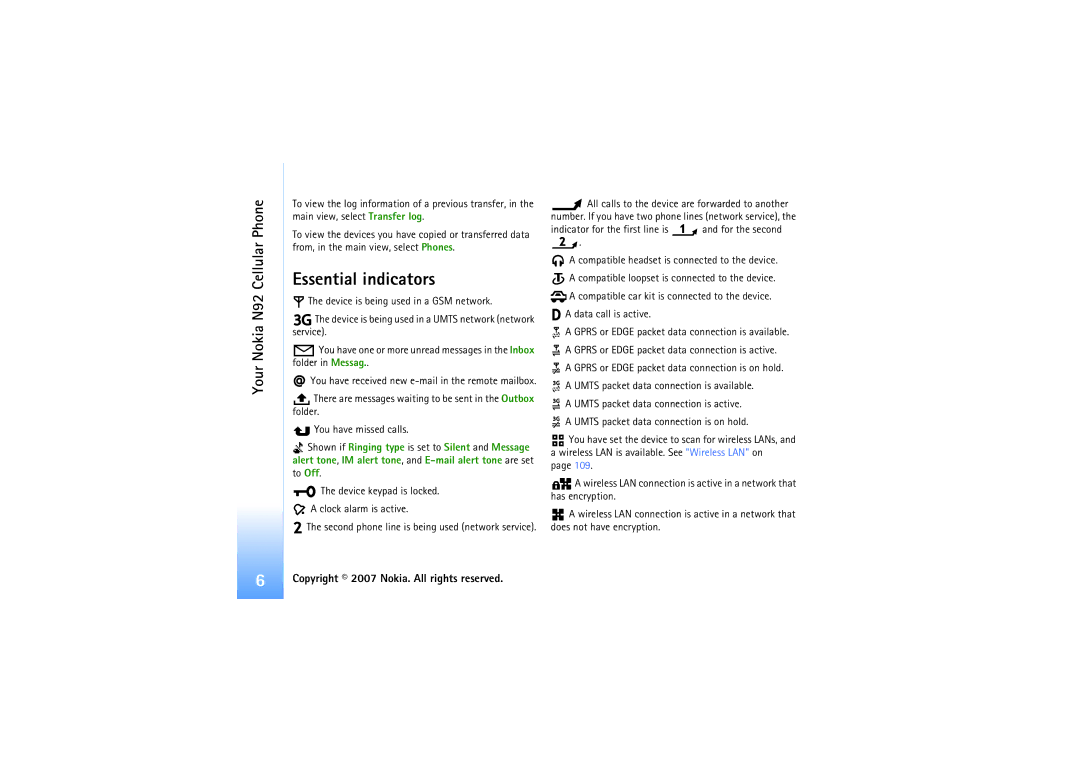 Nokia N92 manual Essential indicators 