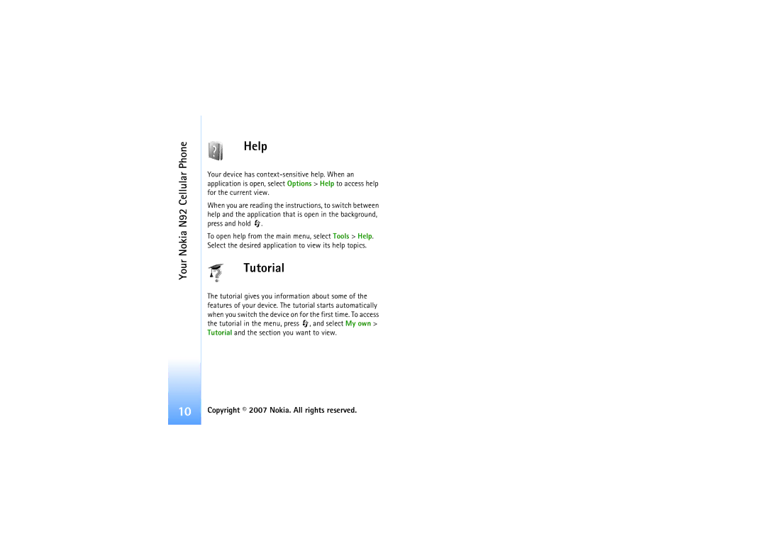 Nokia N92 manual Help, Tutorial 