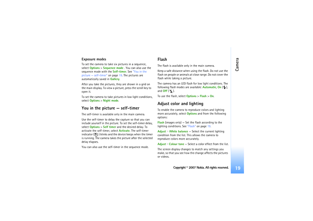 Nokia N92 manual You in the picture self-timer, Flash, Adjust color and lighting, Exposure modes 