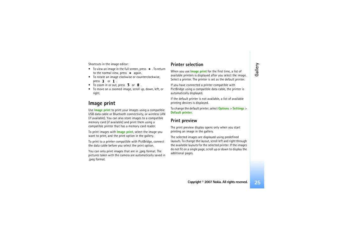 Nokia N92 manual Image print, Printer selection, Print preview 
