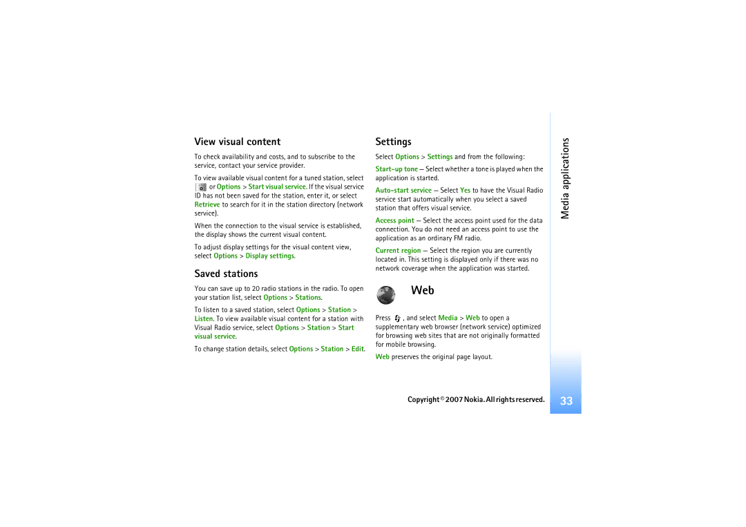 Nokia N92 manual Web, View visual content, Saved stations, Settings 