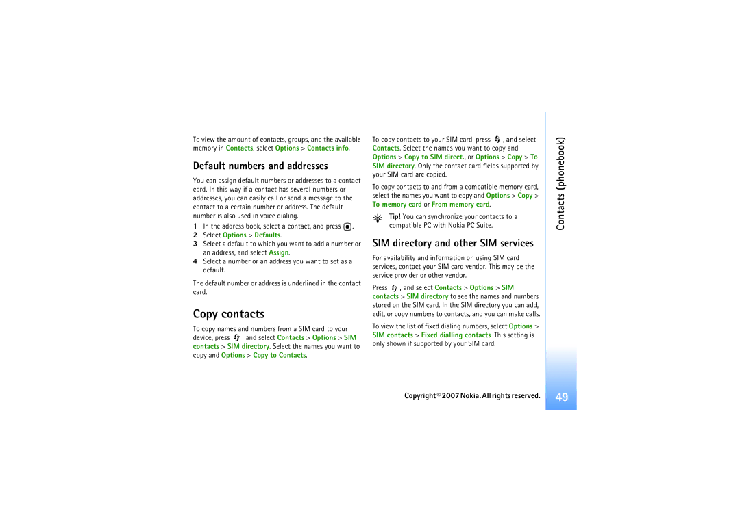 Nokia N92 manual Copy contacts, Default numbers and addresses, SIM directory and other SIM services, Contacts phonebook 