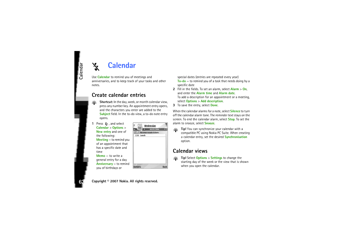 Nokia N92 manual Create calendar entries, Calendar views 