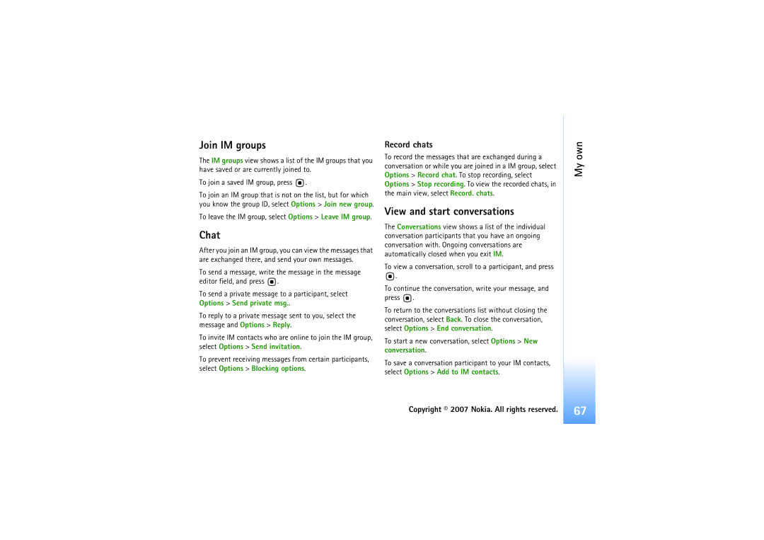Nokia N92 manual Join IM groups, Chat, View and start conversations, Record chats 
