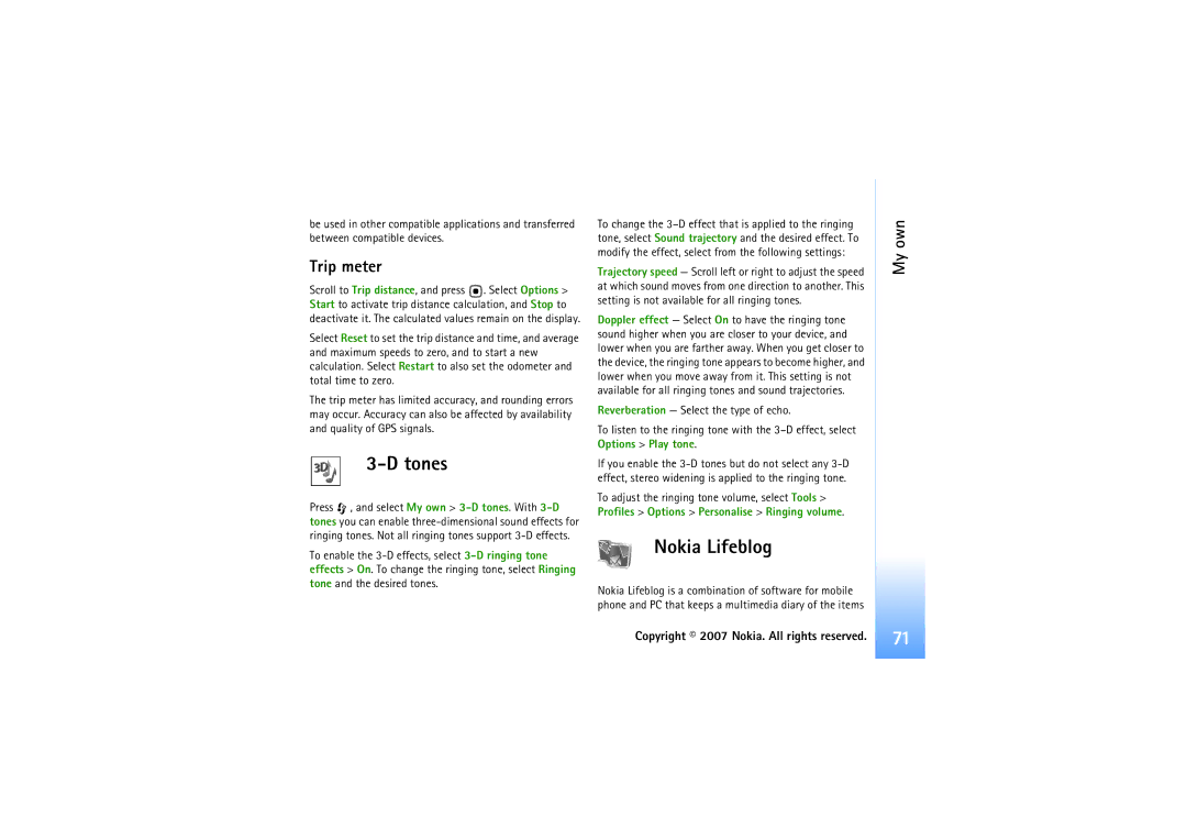 Nokia N92 manual Tones, Nokia Lifeblog, Trip meter 